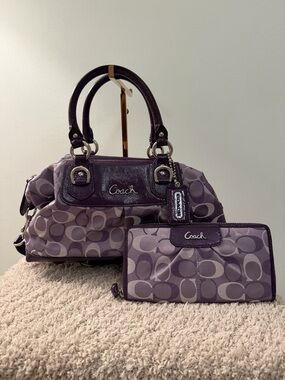 Coach Purple Signature Ashley Satchel with Matching Wallet